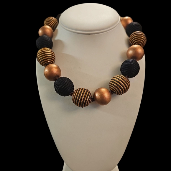 Woven Chunky Black and Gold Bead Statement Necklace - Picture 8 of 8